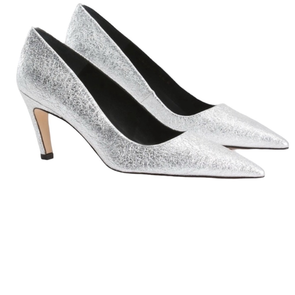 Good American The Icon Pointed Toe pump Heels. Silver crackle leather size 7.